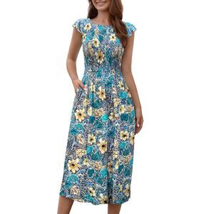 Womens Floral Print Round Neck Smocked Midi A-Line Dress With Pocket Blue2 X-La